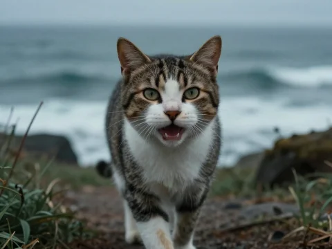 Happy Cat Walking Along a Coastal Path