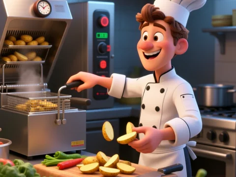 Happy Chef Cooking Potatoes in Professional Kitchen
