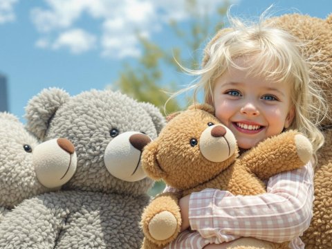 Happy Child Hugging Large Teddy Bears Outdoors