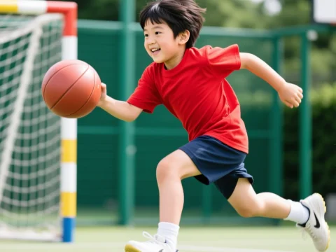 Happy Child Playing Basketball Outdoors