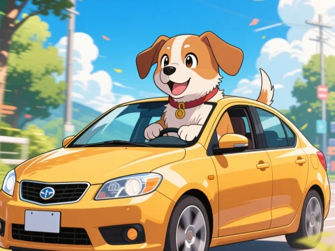 Happy Dog Driving a Yellow Car on a Sunny Day