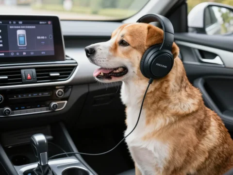 Happy Dog Listening to Music in Car with Headphones