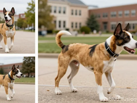 Happy Dog Walking on Campus Pathway
