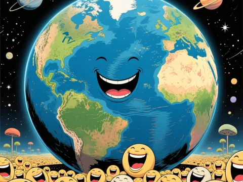 Happy Earth Surrounded by Laughing Emoji Crowd in Space