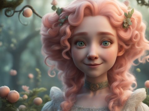 Happy Fairytale Villager with Pink Curly Hair in Enchanted Garden