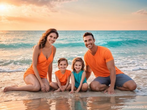 Happy Family Enjoying Sunset at the Beach