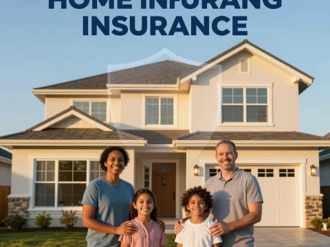 Happy Family Standing in Front of Their Home for Insurance Ad