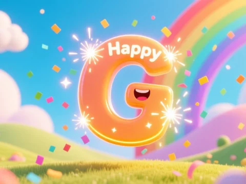 Happy G Letter with Rainbow and Confetti