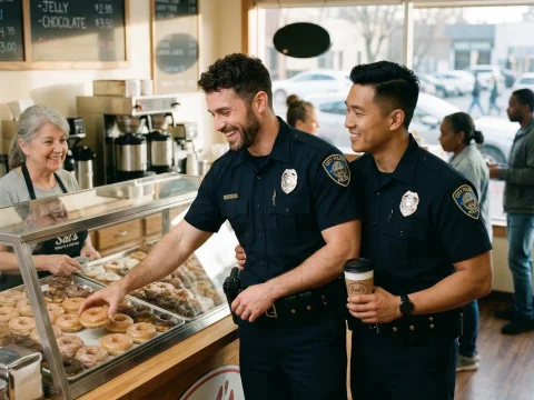 Happy Gay Cop Couple Buying Donuts at Coffee Shop