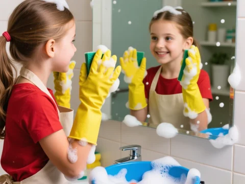 Happy Girl Cleaning Mirror with Soap Bubbles