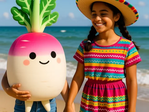 Happy Girl Holding Hands with Cute Radish Plush on Beach