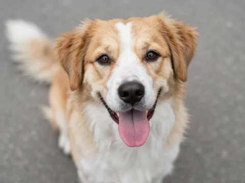 Happy Golden and White Dog Sitting Outdoors