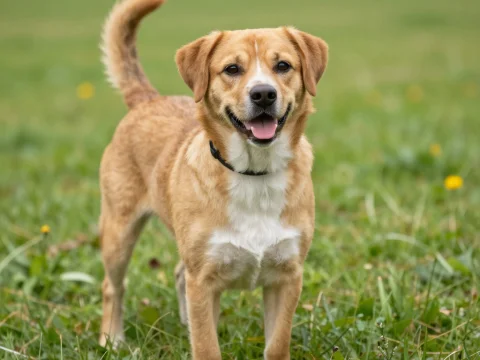 Happy Golden Brown Dog Standing on Grass