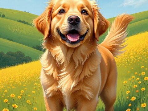 Happy Golden Retriever in a Sunny Flower Field