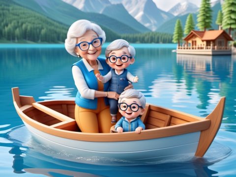 Happy Grandmother with Grandchildren Boating on a Mountain Lake