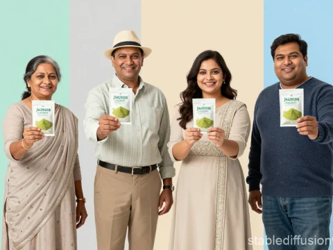 Happy Indian Family Holding Packets of Green Powder