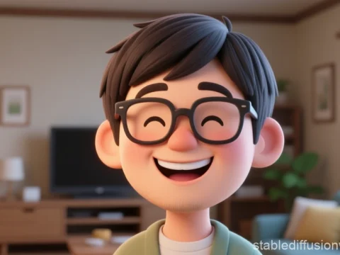 Happy Japanese Man Wearing Glasses in Cozy Living Room