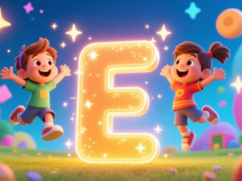 Happy Kids Jumping Around a Glowing Letter E