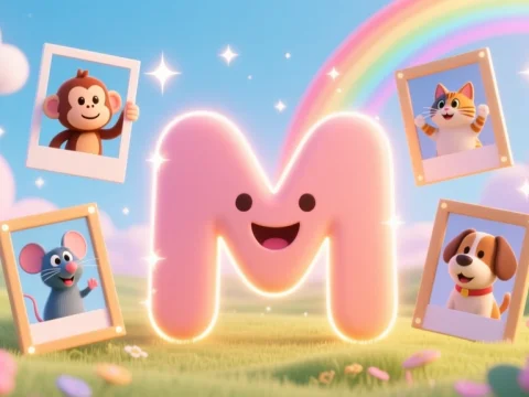 Happy Letter M with Cute Animal Friends in a Magical Landscape