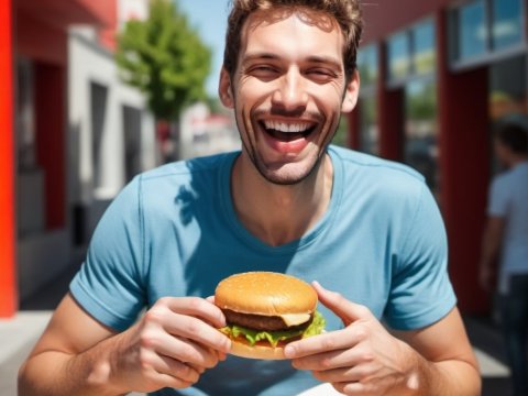 Happy Man Enjoying a Burger and Fries Outdoors