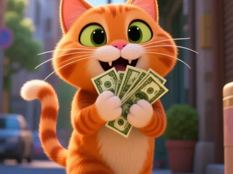 Happy Orange Cat Holding Money on City Street
