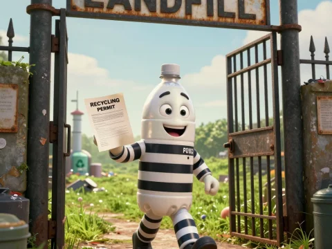 Happy Plastic Bottle Character Leaving Landfill with Recycling Permit