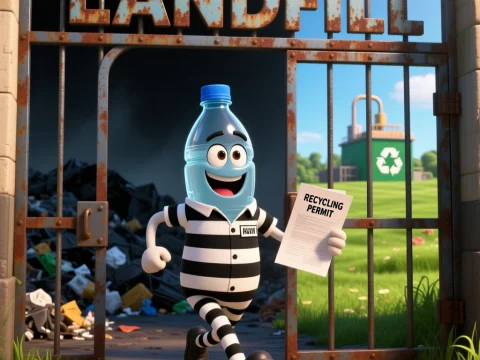 Happy Plastic Bottle Escaping Landfill with Recycling Permit