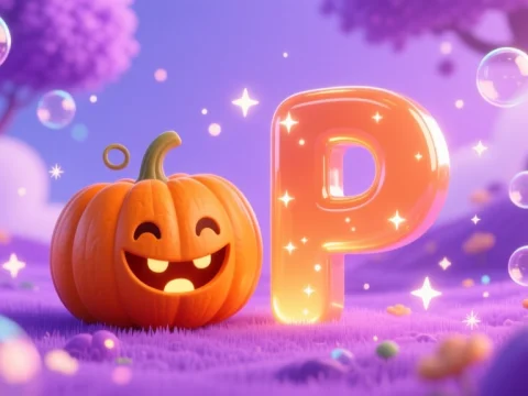 Happy Pumpkin with Glowing Letter P in Dreamy Purple Landscape
