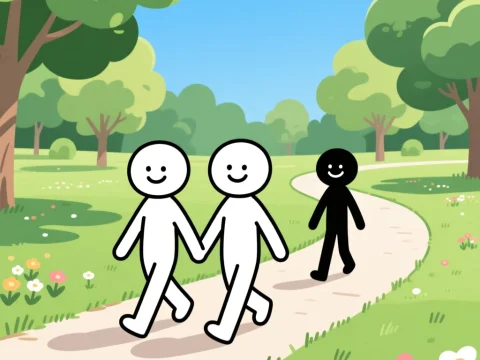 Happy Stick Figures Walking in a Sunny Park