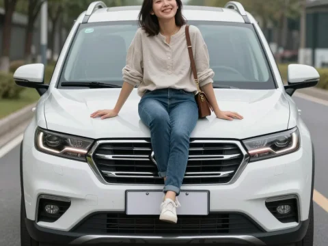Happy Woman Sitting on Hood of New White SUV