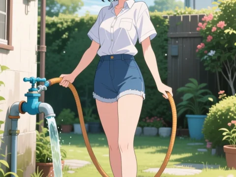 Happy Young Woman Watering Garden in Summer