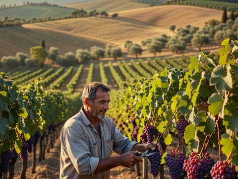 Harvesting Grapes in a Golden Italian Vineyard
