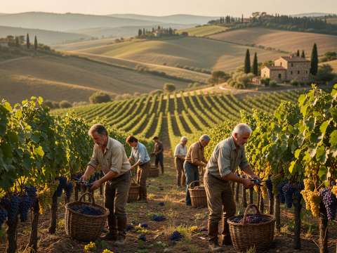 Harvesting Grapes in a Tuscan Vineyard at Golden Hour