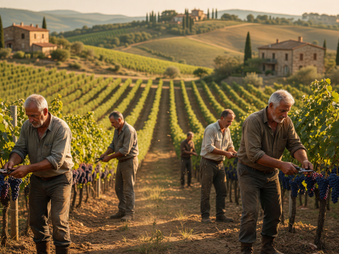 Harvesting Grapes in a Tuscan Vineyard at Golden Hour