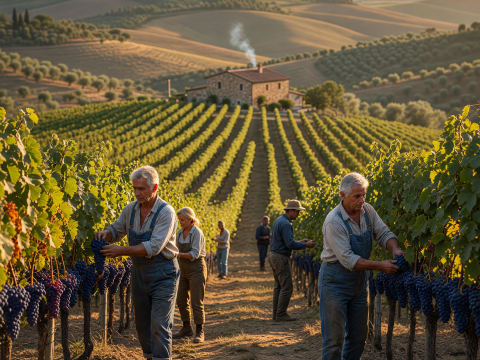 Harvesting Grapes in a Tuscan Vineyard at Sunset