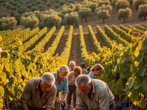 Harvesting Grapes in a Tuscan Vineyard at Sunset