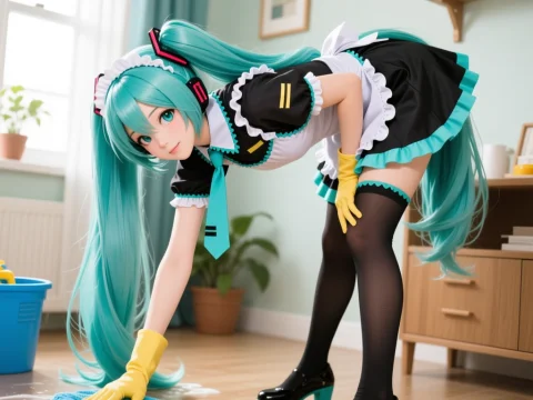 Hatsune Miku in Maid Outfit Cleaning the Floor