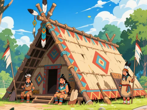 Haudenosaunee Longhouse with Tribal Figures in Bright Daylight