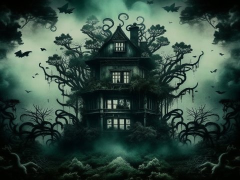 Haunted House Entwined with Dark Twisted Trees