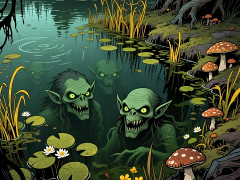 Haunted Lake with Goblin Creatures Emerging