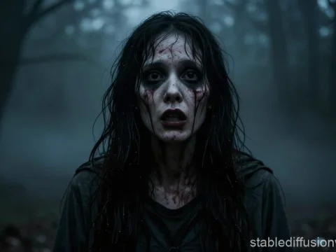 Haunted Woman in Dark Forest Horror Scene
