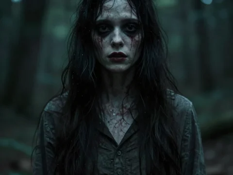 Haunting Portrait of a Pale Woman in Dark Forest