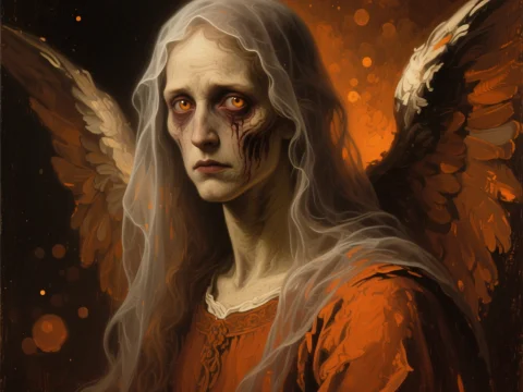 Haunting Vintage Angel with Fiery Halo and Wings