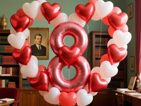 Heart-Shaped Balloons Forming Number 8 in Elegant Library