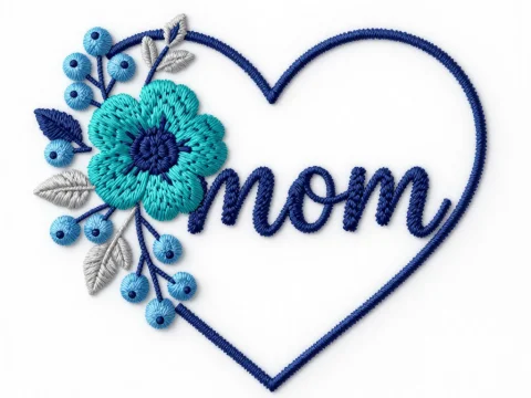 Heart-Shaped Embroidery Design with 'Mom' and Blue Floral Accents
