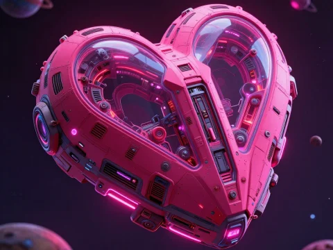 Heart-Shaped Space Colony Ship in Neon Pink