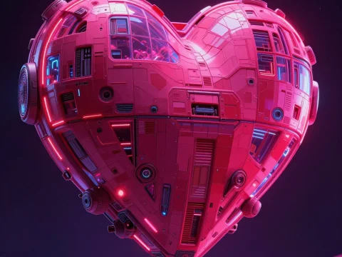 Heart-Shaped Spaceship with Neon Lights in Space