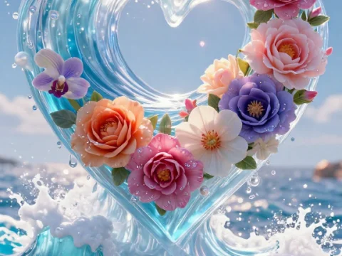 Heart-Shaped Wave Adorned with Vibrant Flowers