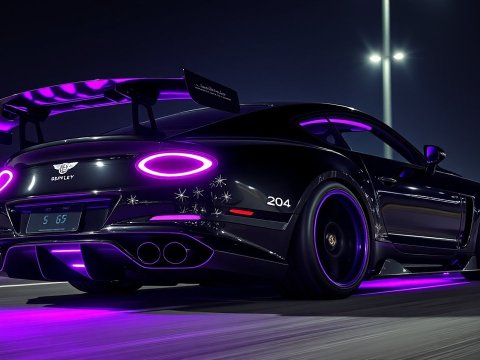 Heavily Customized Bentley with Neon Purple Lighting at Night