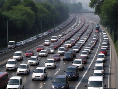 Heavy Traffic Jam on Urban Highway with Skyscrapers